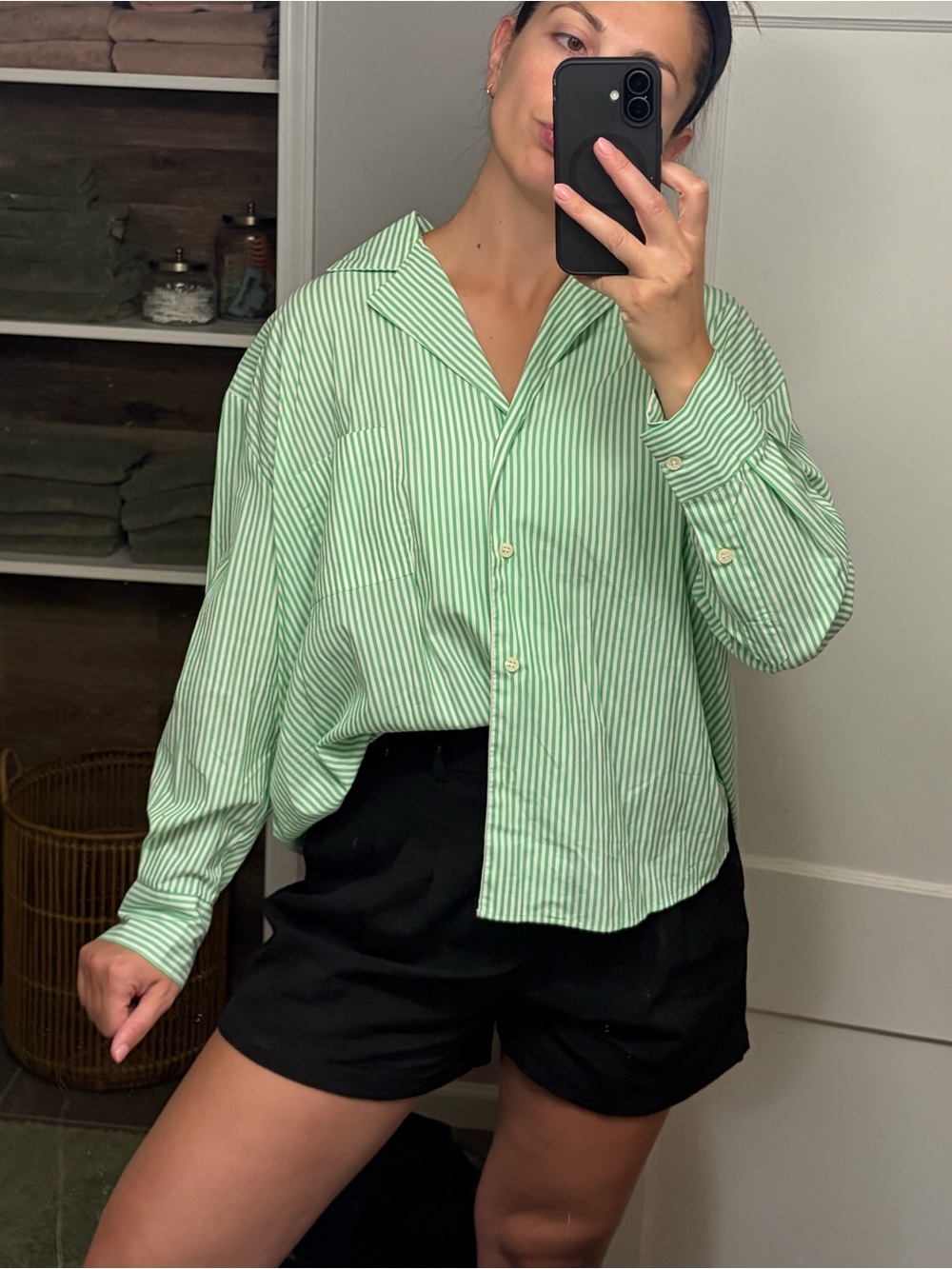 ZARA Light Green & White Striped Button-Up Shirt